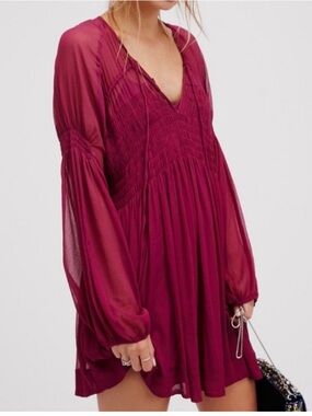 Free People Lini Smocked Mini Dress Mulberry Sheer Boho NWT M